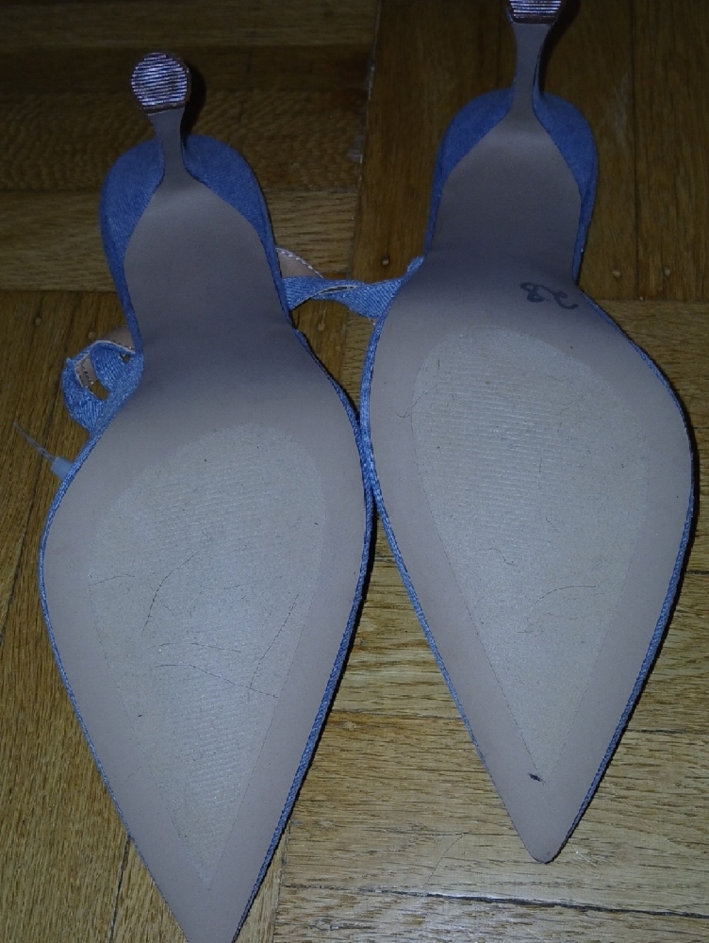 Steve Madden Light Blue Denim Pointed Slingback Heels with Crystal Circle Accent - Picture 3 of 4
